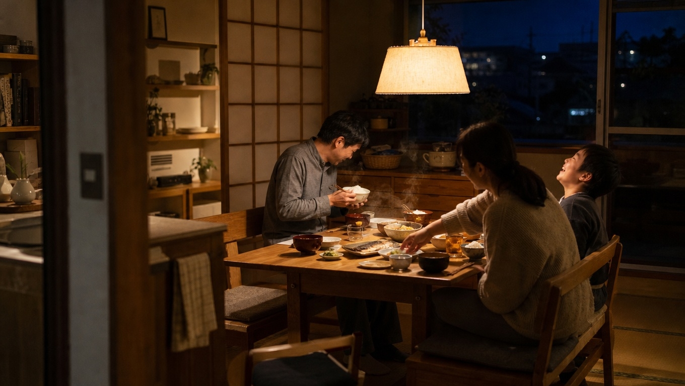 家族と食卓を囲む様子